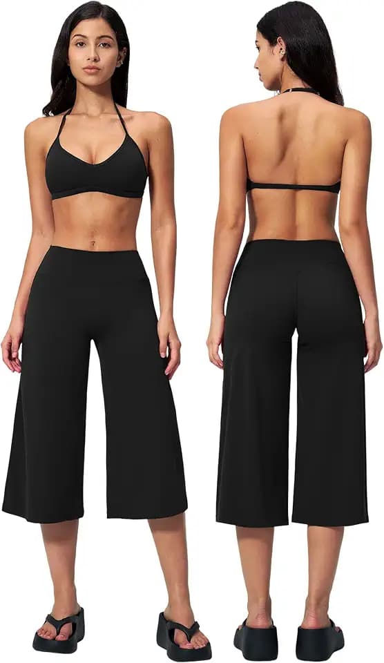 ABOCIW Workout Sets for Women Two Piece Halter Sports Bra Matching Wide Leg Capri Pants Gym Work Yoga Pilates Outfits