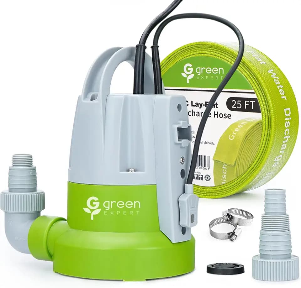 Green Expert 1/3HP Submersible Sump Pump Kit with 25FT Lay-Flat Discharge Hose, Pump with Hose, Water Sensor Automatic/Manual Low Water Drain Pump for Basement Pool Cover Hot Tub