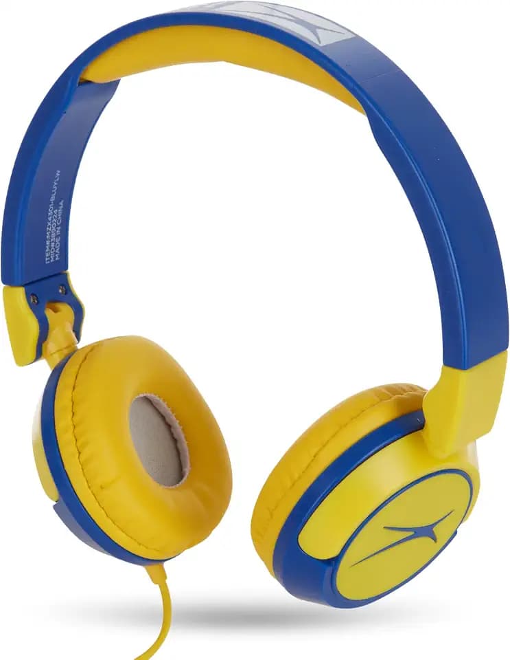 Altec Lansing Kid Safe Wired Headphones, Over Ear Headphones for Kids Ages 3-5, Volume-Limiting Toddler Headphones with Mic, Compact Foldable Kids Headphones with Cord, APA Approved (Blue/Yellow)