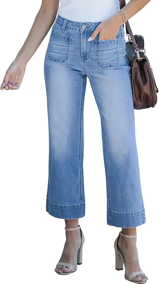 Roskiky Weites Bein Jeans für Damen, trendige Schlagjeans mit hoher Taille und aufgesetzten Taschen