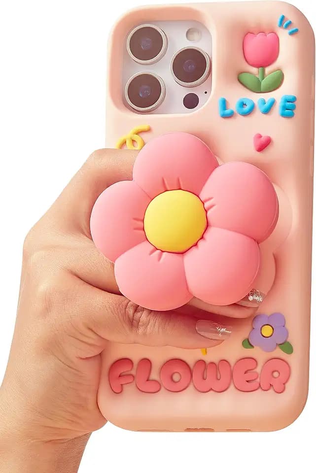 for iPhone 14 Case, Kawaii 3D Flower Pop-Up Grip for Girls