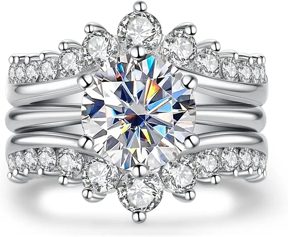 AnuClub Round/Oval/Cushion Cut Moissanite Engagement Rings Bridal Set 4.52cttw(3CT Center Stone) D Color VVS1 925 Sterling Silver 3-in-1 Wedding Promise Ring for Women with Certificate