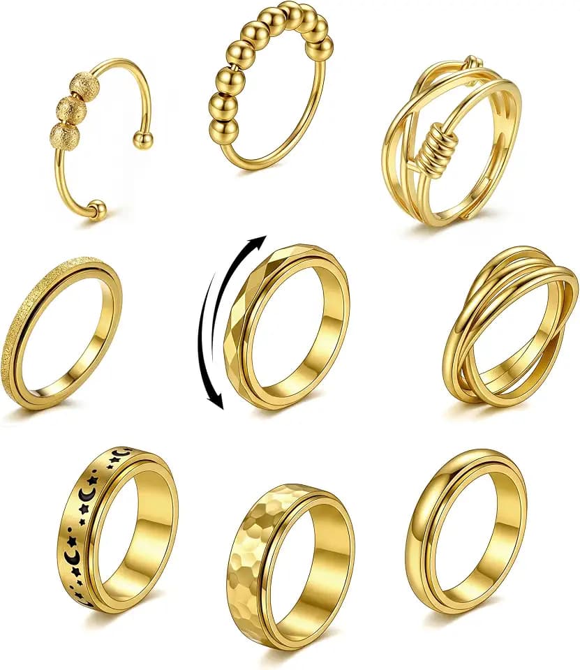MILACOLATO 9Pcs Fidget Ring for Women Anxiety Spinner Ring Set Size 6-10