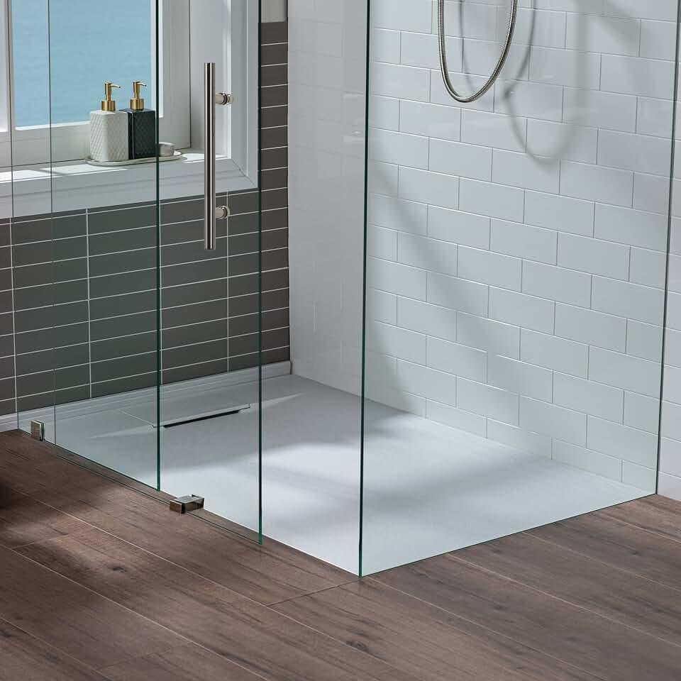 WOODBRIDGE 47.25 in L x 35.4 in W Zero Threshold End Shower Base with Reversible Drain Placement, Matching Decorative Drain Plate and Tile Flange, Wheel Chair Access, Low Profile, White