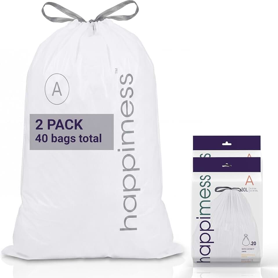 happimess 20-Count Unscented 8 Gal Drawstring Trash Bags, White, Pack of 2