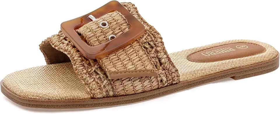 Rihero Raffia Flat Sandals Women Square Toe Buckle Summer Beach Slides