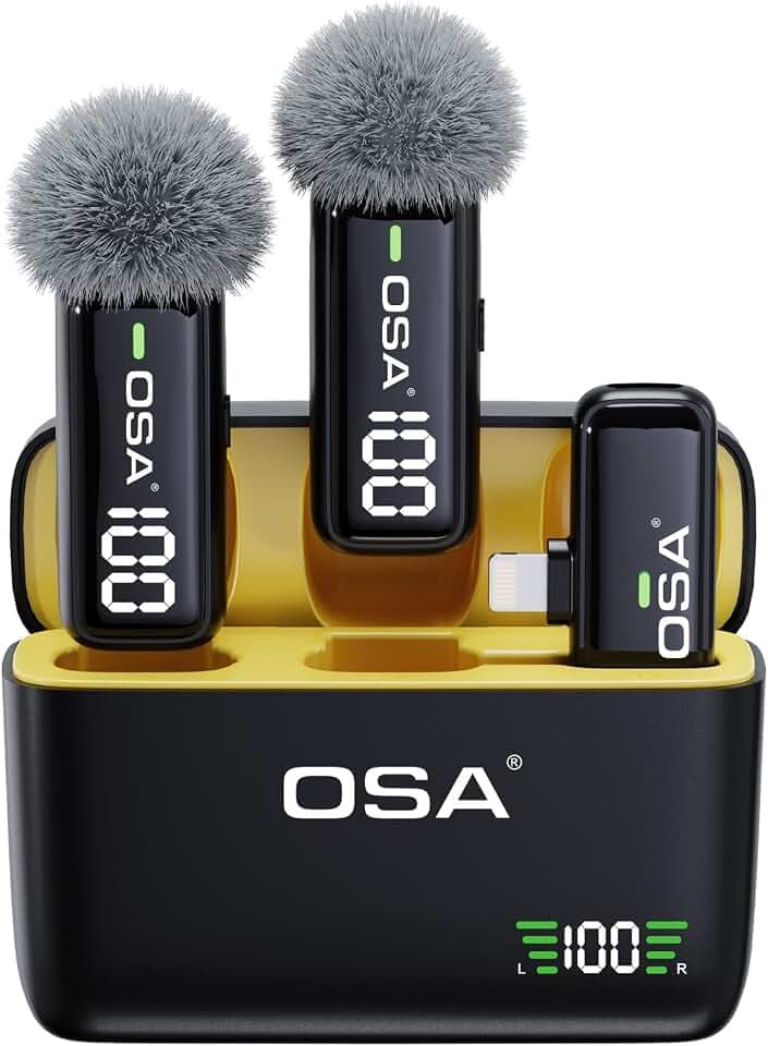 OSA Kabelloses Lavalier-Mikrofon für Live-Übertragung und Videoaufnahme, Lavalier Mikrofon für iPhone iPad, Mikrofo mit Ladekoffer und Transmitter Digitalanzeige– 2er-Set