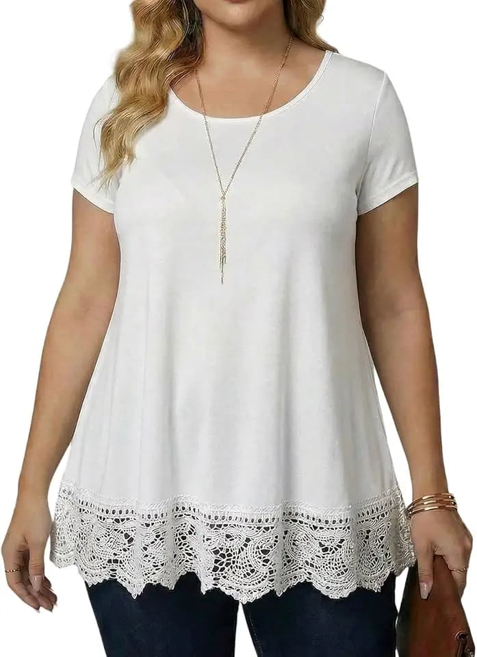Womens Plus Size Blouse Tops Lace Trim Shirt