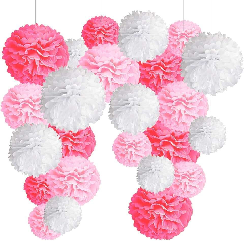 24er Rosa Deko Seidenpapier Pompons, Dekorpapier Blumenpuscheln Papier, Rosetten, Papierfächer. Dekoration Hochzeit, Taufe Mädchen, Baby Shower, Geburtstag Party, JGA -24Stk-