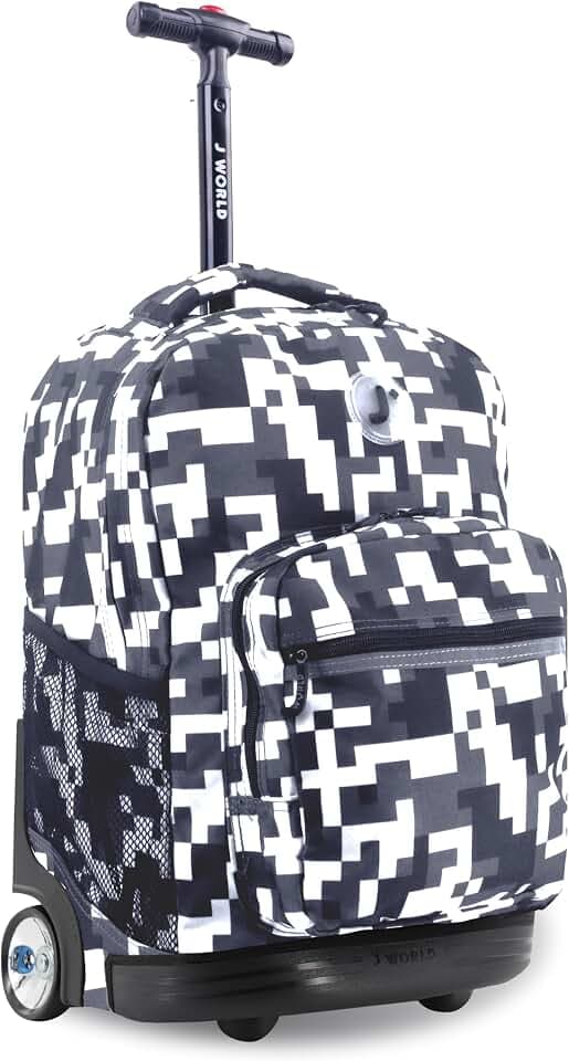 J World Sunrise Kids Rolling Backpack with Wheels for Girls Boys, Roller Bookbag for School, 18 x 13 x 9 Inches, Camo