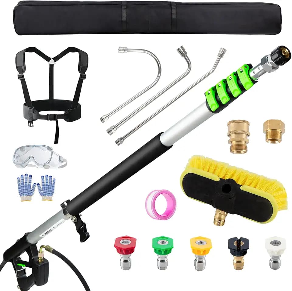 24 FT Telescoping Pressure Washer Wand with Pressure Washer Extension Wand,Gutter Cleaner Attachment, Pressure Washer Telescoping Wand with 5 Spray Nozzle Tips, 2 Hose Inlet Adapters, Brush Head