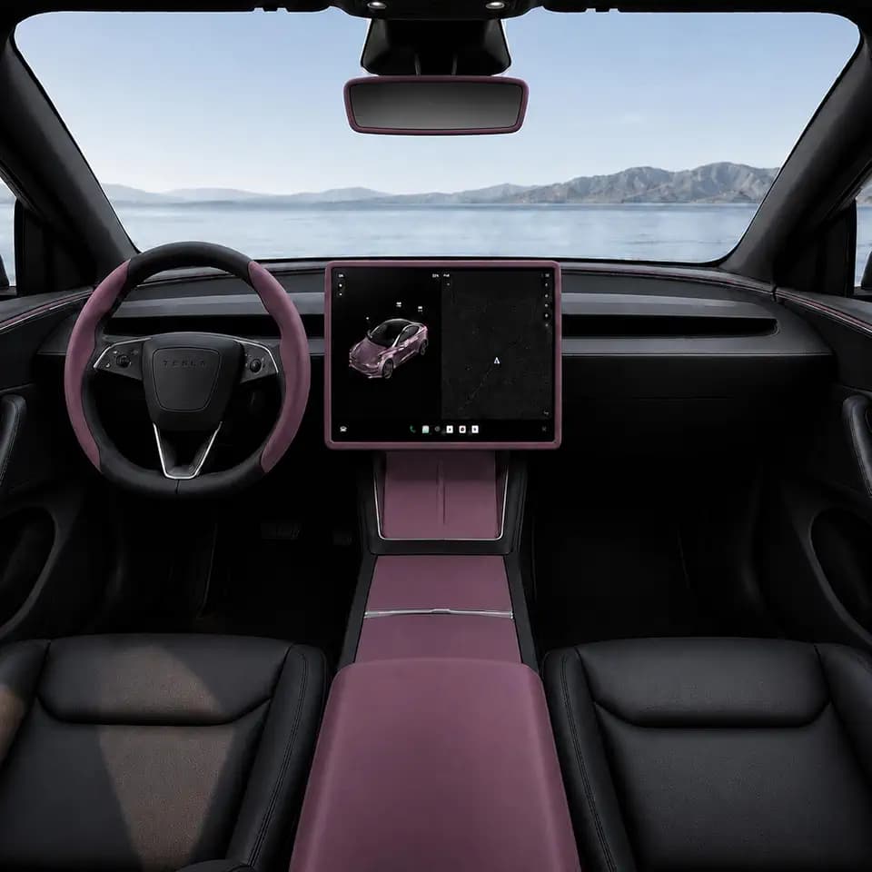 7PCS Interior Trim Kit for Model Y Juniper 2025-2026 Model 3 Highland 2024-2026, Mist Purple Console Covers, Wireless Charging Pad, Screen Frame, Cup Holder, Armrest, Mirror, Steering Cover