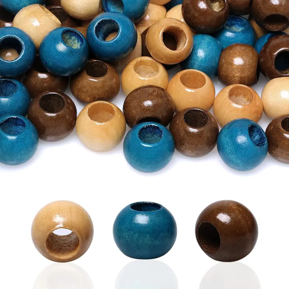 Makramee-Holzperlen, großes Loch, 20 mm, verschiedene Farben, lose Holzperlen für Bastelarbeiten, Girlanden, Heim-Party-Dekoration, 9 mm Loch (Braun/Holz/Blau), 150 Stück