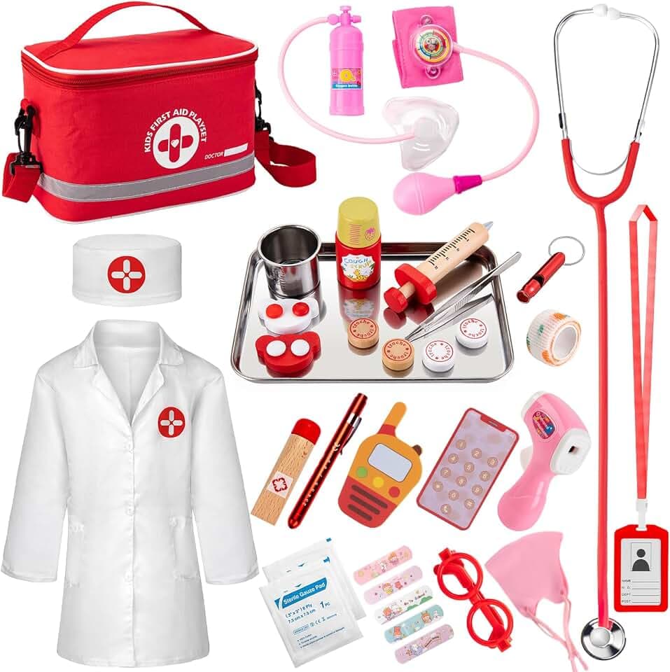 Arztkoffer Kinder Holz, 34-teiliges Doktorkoffer mit Stethoskop, Thermometer, Spritze, Arzttasche und Arztkittel - Geschenk für Kinder Rollenspiele Spielzeug ab 3 Jahren
