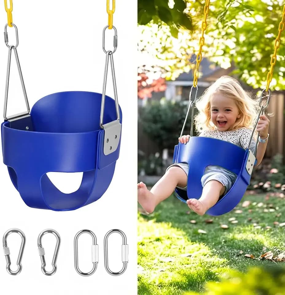 High Back Full Bucket, Toddler Swing with Coated Chains & Triangle Dip Pinch Protection for Safety, Baby Swing Outdoor with Locking Buckles, Toddler Bucket Swing for Backyard, Playground, Blue