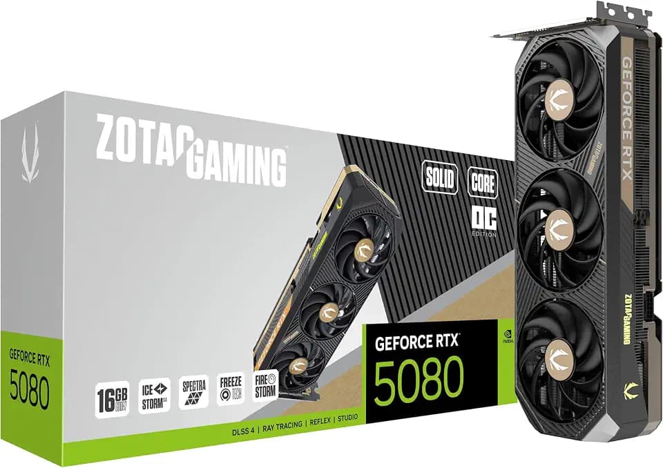 ZOTAC Gaming GeForce RTX 5080 Solid CORE OC DLSS 4 16GB GDDR7 256-bit 30 Gbps PCIE 5.0 Gaming Graphics Card, IceStorm 3.0 Advanced Cooling, Spectra RGB Lighting, ZT-B50800J2-10A