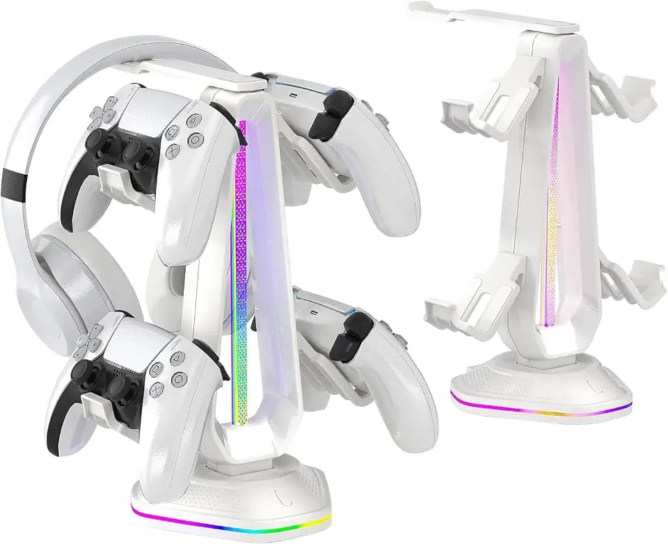Saitake RGB Controller Stand with 9 Light Modes,Controller Holder with 2 USB Ports,Headphone Holder Suitable for All Headphones and Controller (White)