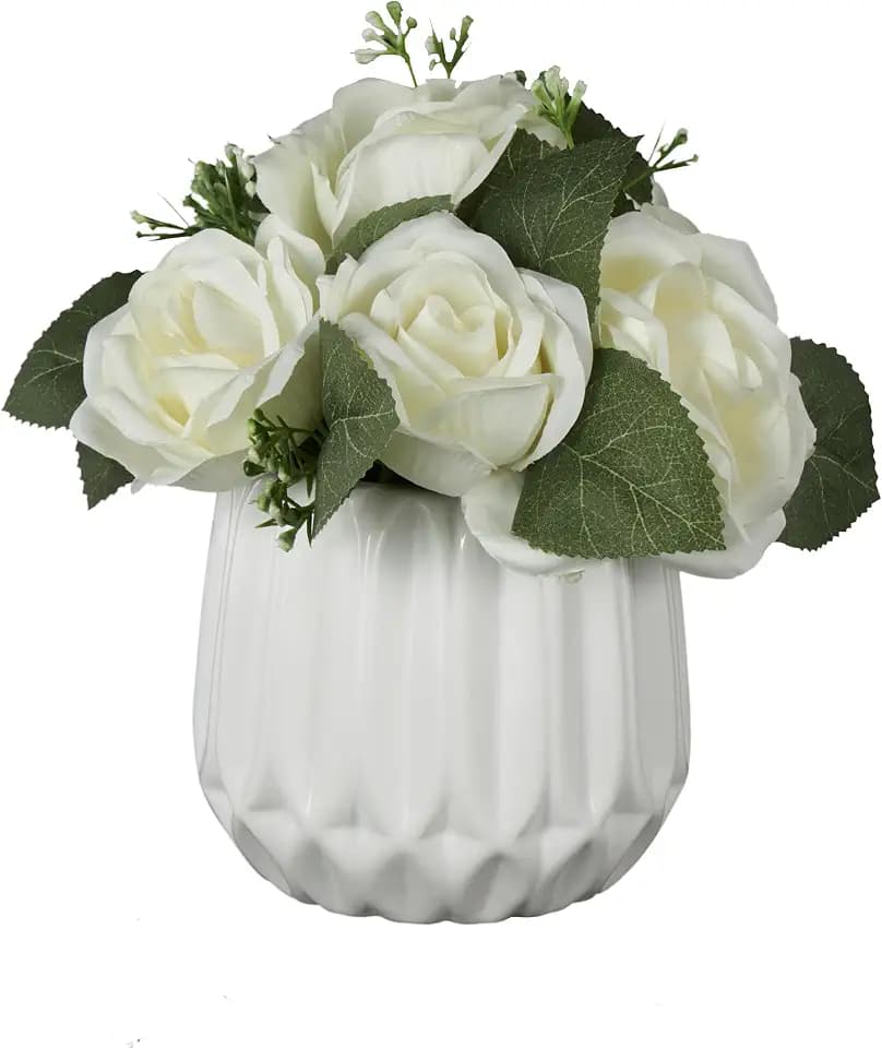 Deco 79 Fabric Artificial Flower with Green Leaves and Round Ceramic Vase, 8" x 8" x 9", White