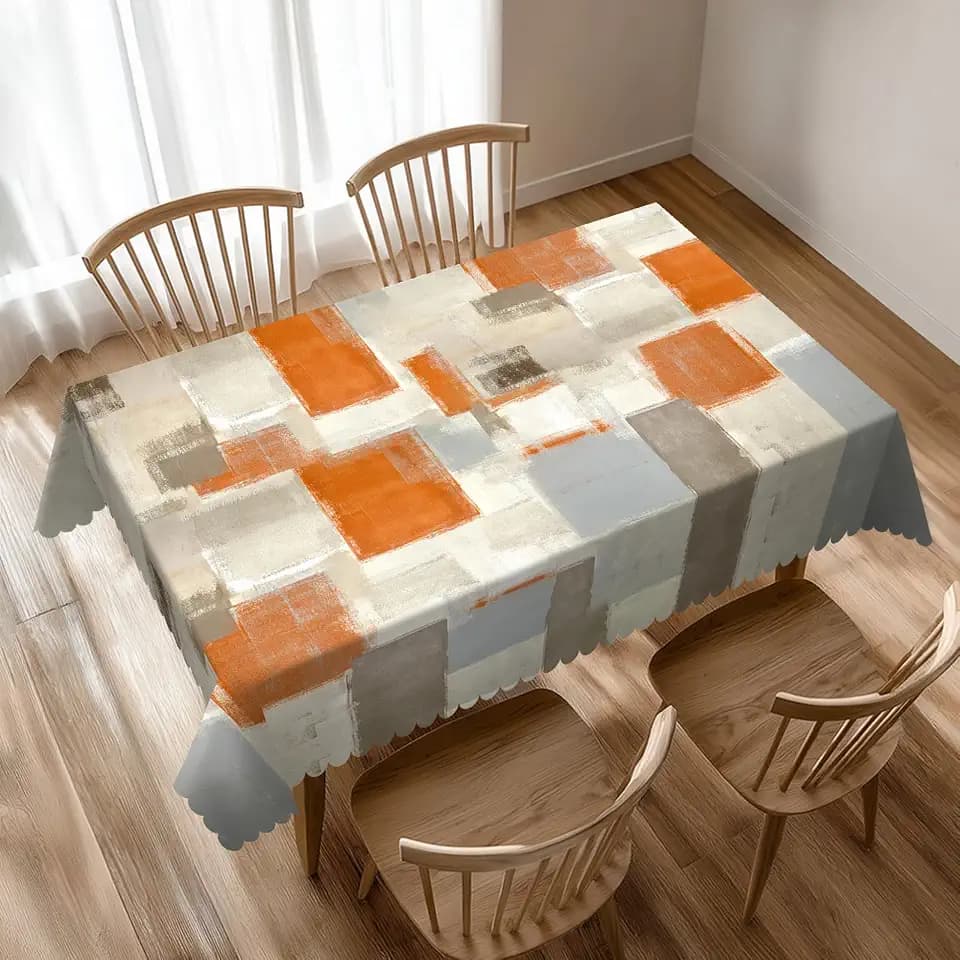 Modern Art Table Cloth for Rectangle Dining Tables, Orange Grey Abstract Art Painting Tablecloths Brown Beige Reusable Tabletop Decor Watercolor Table Cover for Kitchen,Holiday,Party,54x72In