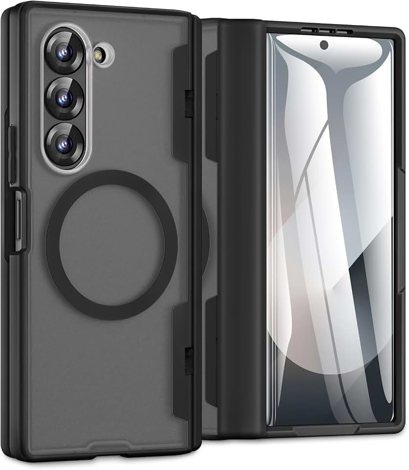 Caka Schutzhülle für Samsung Galaxy Z Fold 6, kabelloses Laden, Scharnierschutz, integrierter HD-Displayschutz, durchscheinend, hart, stoßfest, magnetisch, magnetisch, Schwarz