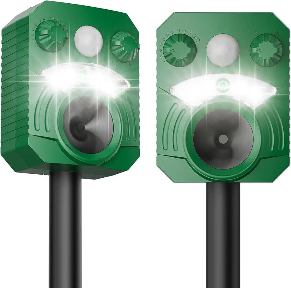 2 Pack Cat Repellent Outdoor Deer Repellent Device Dog Repeller Solar Animal Repellent Ultrasonic Squirrel Repeller Waterproof Racoon Fox with Motion Activated Sensor Flashing Light (Olive)
