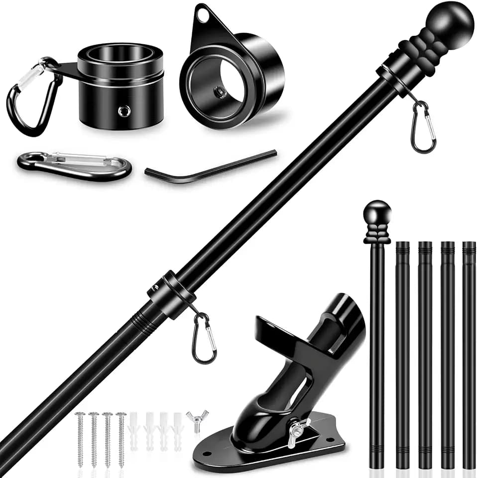 6 FT Flag Poles Kit for House with 2-Position Flagpole Bracket & 360° Rotating Flag Rings, 1 Inch Stainless Steel Spinning Flag Pole, Porch Wall Mounting Metal Flag Pole for 3x5 4x6 Flag (6 FT, Black)