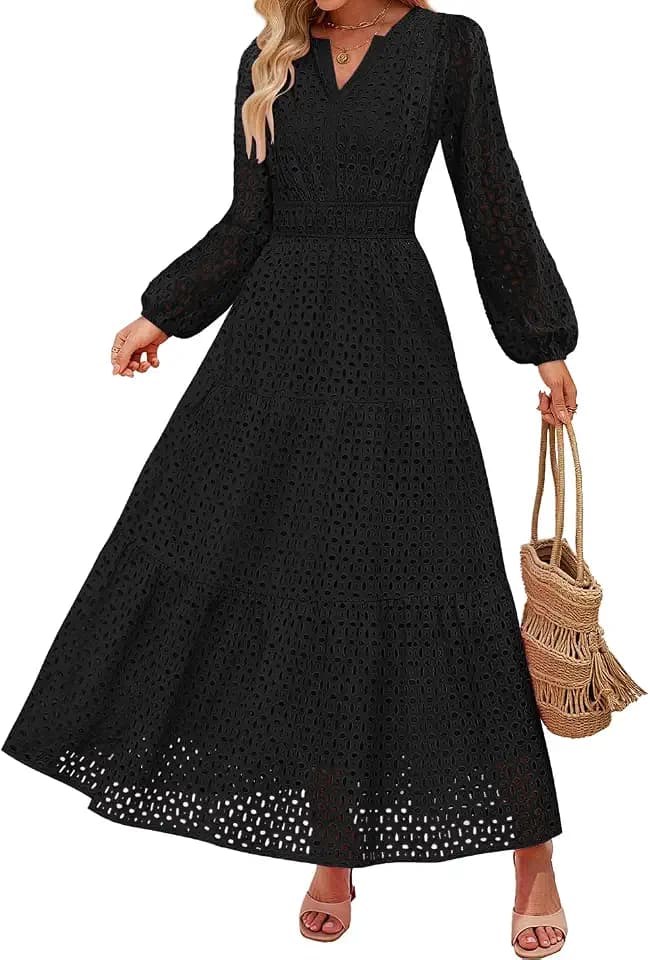 ZESICA Women's 2026 Fall Long Sleeve Eyelet Maxi Dress