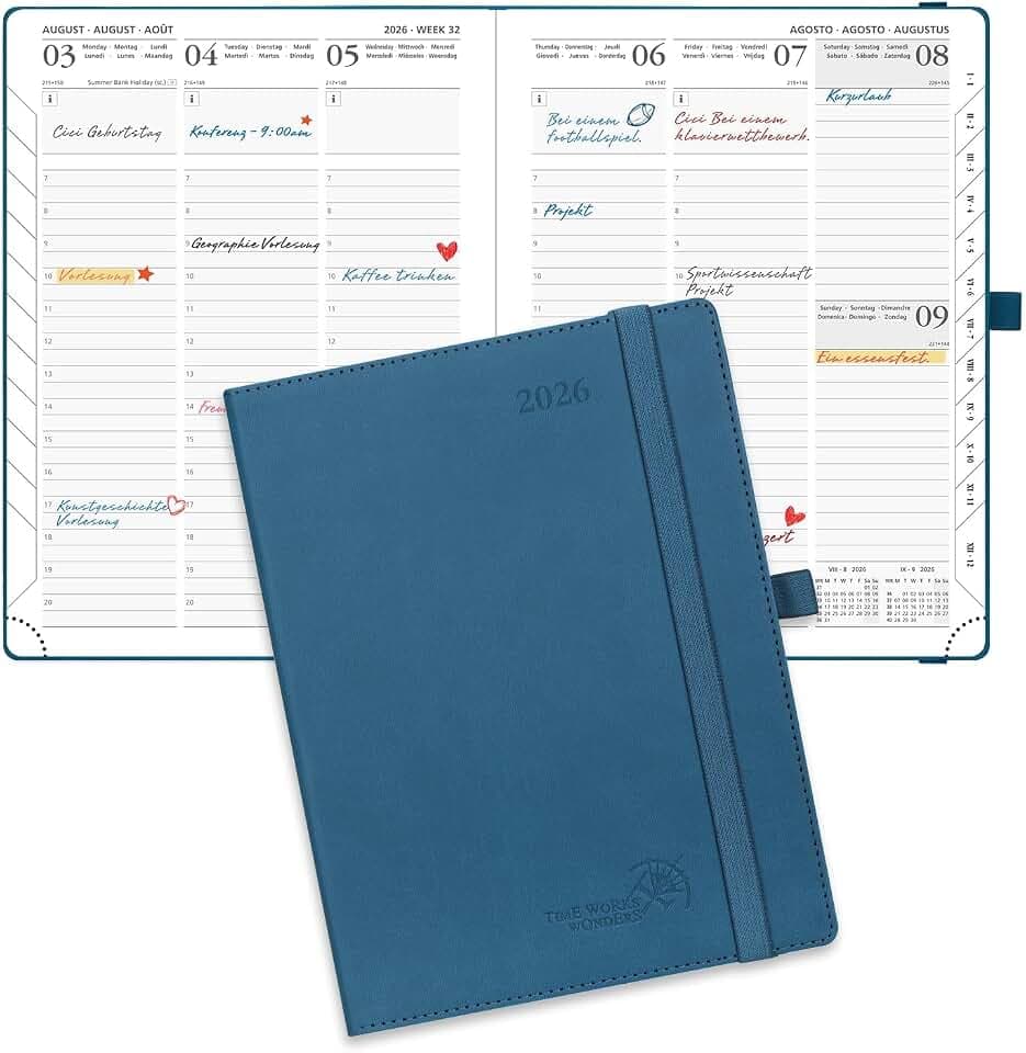 POPRUN Kalender 2026 Wochenplaner 22 x 16,5 cm, 12-Monate-Terminplaner (Jan.2026-Dez.2026), Buchkalender 1 Woche 2 Seite Softcover mit PU-Leder - Marineblau