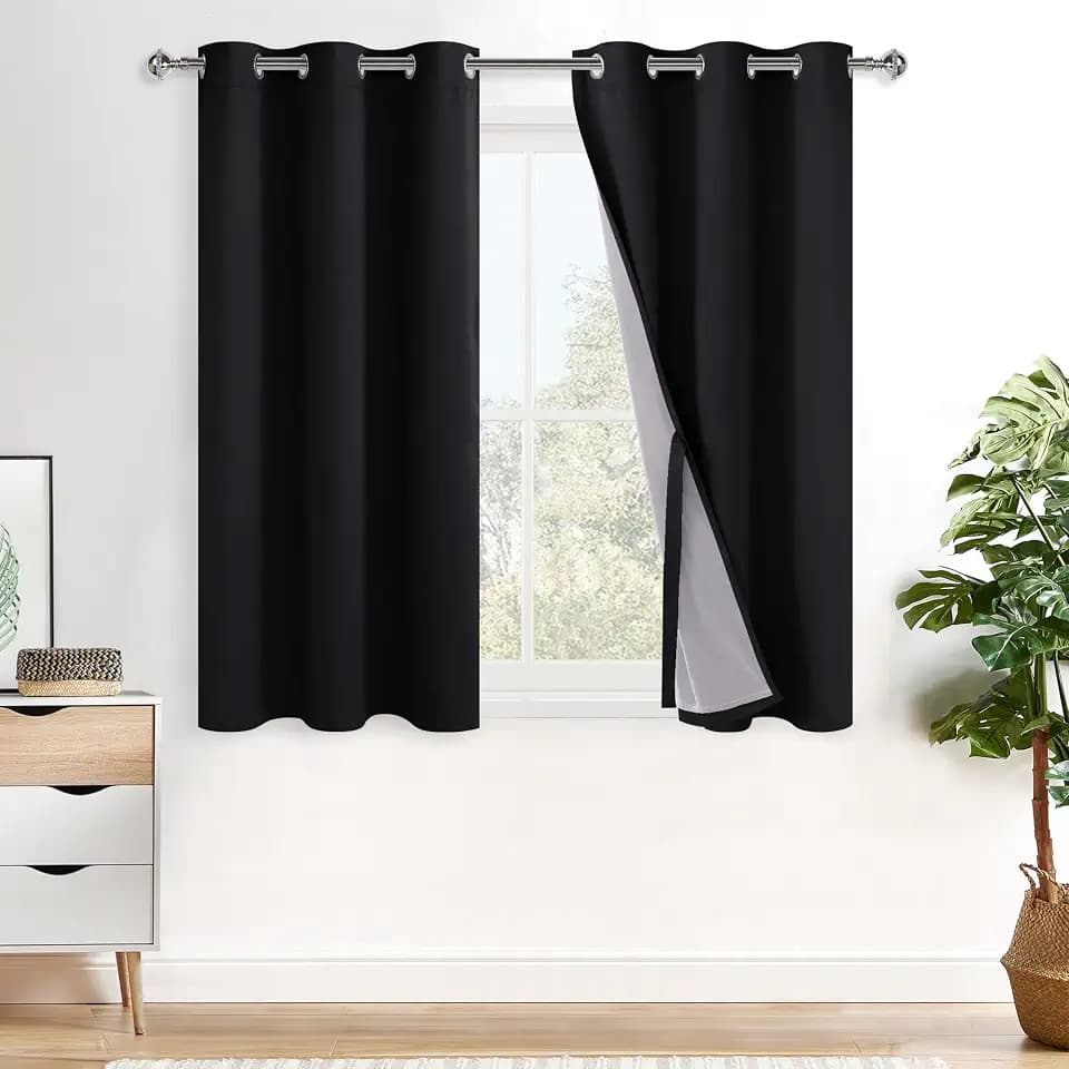 XWZO 100% Blackout Curtains 54 Inches Length with Tiebacks- Full Shade Window Drapes Thermal Insulated Double Layer with Black Liner for Bedroom/Living Room, Grommet Top, Black, W52 x L54, Set of 2