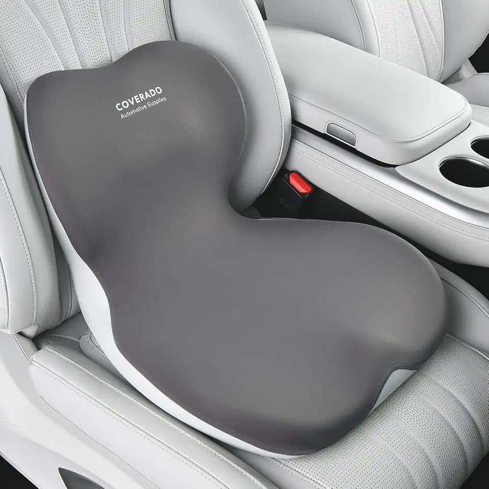 Coverado Car Seat Cushion and Lumbar Support Pillow One Piece, Memory Foam Ergonomic Back Support Driving Seat Cushion for Back Pain, Non-Slip Washable Cushion for Car, Driver, Office
