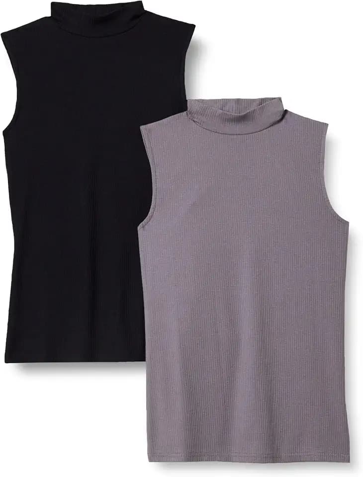 Amazon Essentials Women's Mock-Neck Slim-Fit Ribbed Knit Cotton Sleeveless Top, Pack of 2