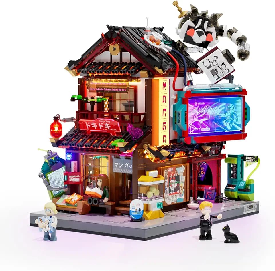 Lumibricks Manga Shop Beleuchtetes Klemmbaustein-Set, 1.699 Teile, Cyberpunk-Japanischer Manga-Laden mit 12 LED-Lichtern, Modulares Neon-City-Sammlermodell, Anime-inspiriertes Bauset für Erwachsene