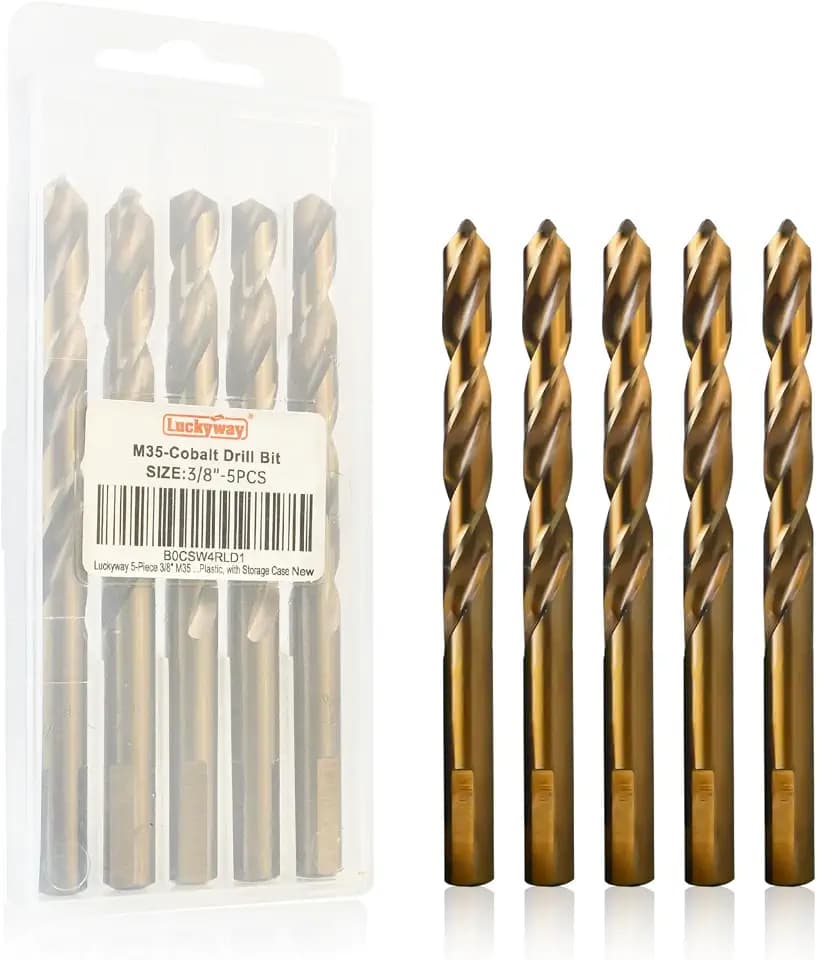 Luckyway 3/8 Inch Cobalt Drill Bits (5 Pack), M35 HSS Metal 3/8" Drill Bit Titanium Coated for Hard Metal, Stainless Steel, Cast Iron, Wood and Plastic, with Storage Case