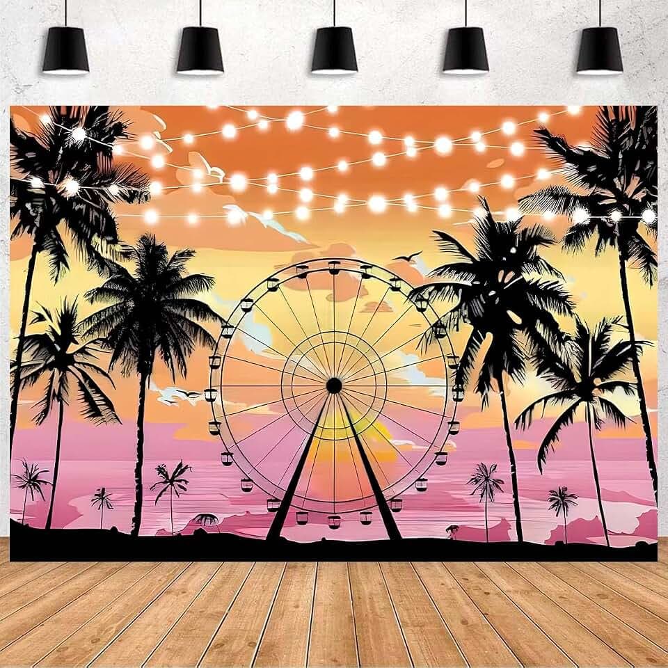 Summer Seaside Ferris Wheel Photography Backdrop Hawaiian Seaside Sunset Palm Tree Silhouette Tropical Beach Photo Background Baby Shower Tropical Wedding Birthday Party Banner (7X5FT)