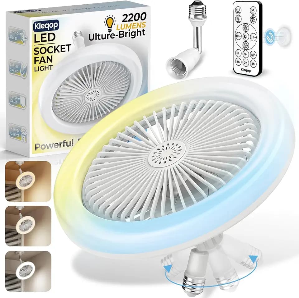 Adjustable Light Socket Fan with Remote and Extender, Small Light Bulb Fan