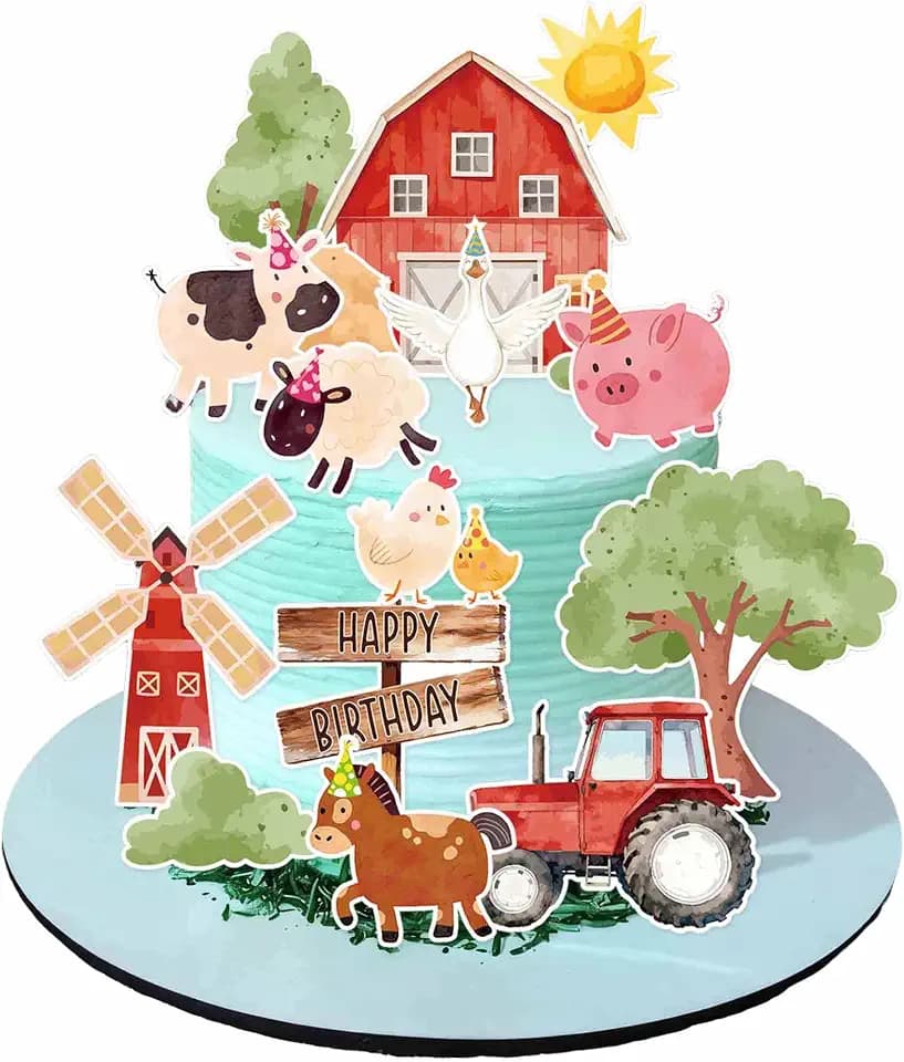 16PCS Farm Animal Birthday Cake Decorations, Farm Animal Party Cake Toppers Set with Barn Tractor Trees Cow Horse Sheep Pig Chicken Duck Cardouts