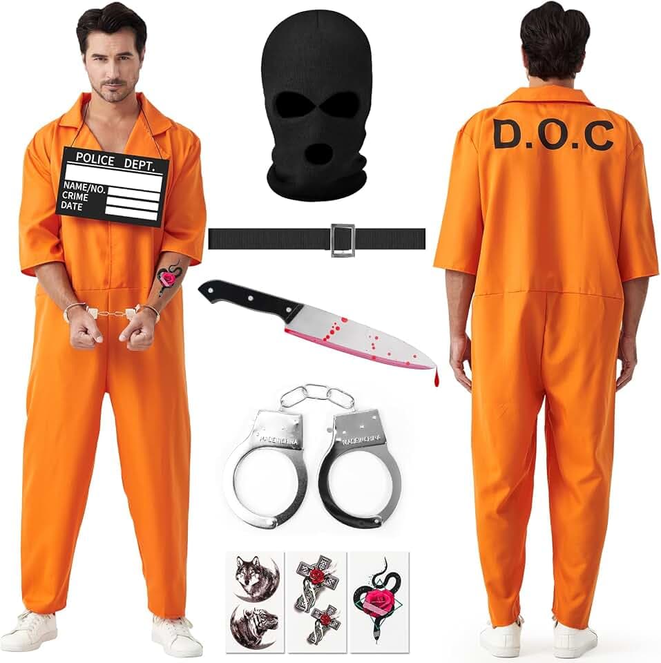 Häftling Kostüm Karneval Gefängnis Kostüm Orange Herren Prisoner Costume Sträfling Kostüm Herren Faschingskostüme Männer Häftling Karnevalskostüm Knast Kostüm Herren (2XL)