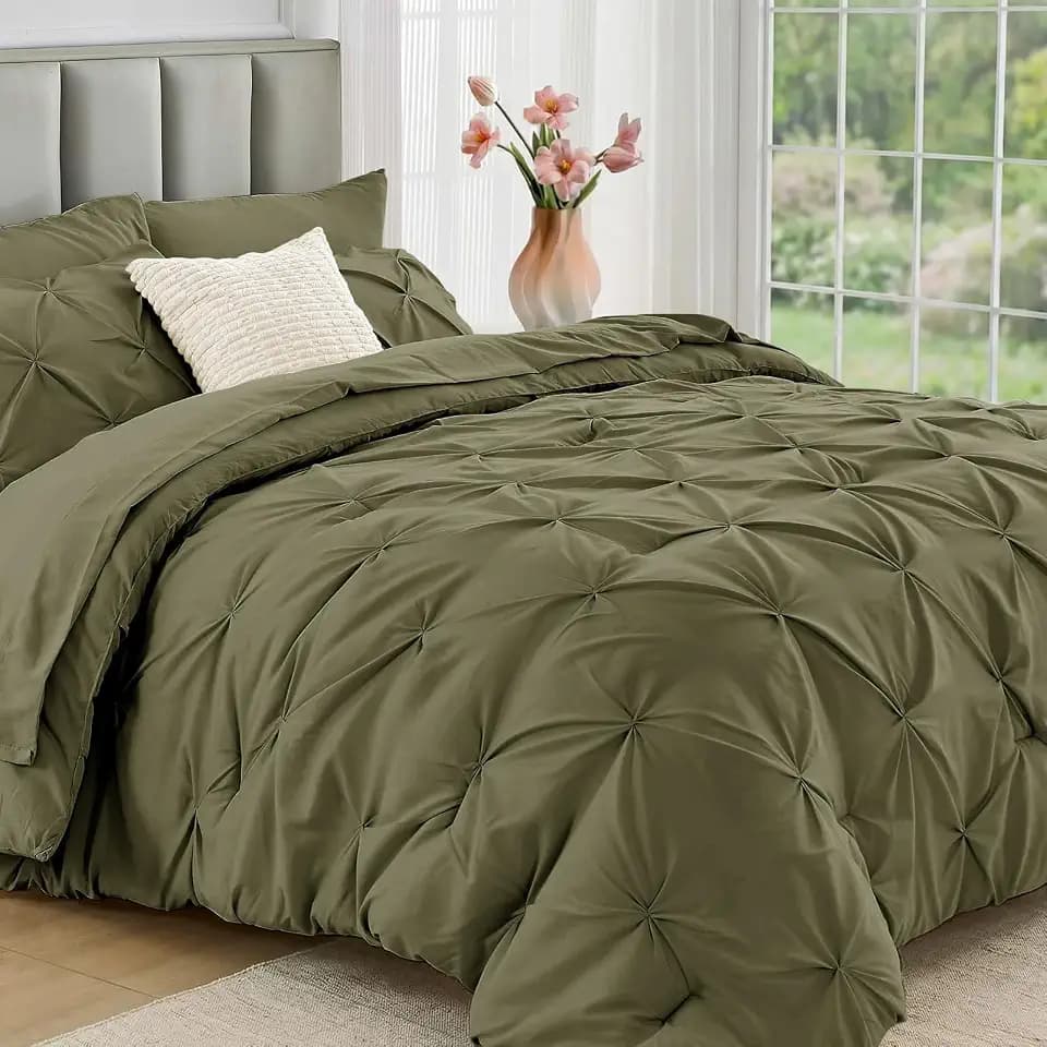 JOLLYVOGUE Twin Comforter Set 5 Pieces - Bed in a Bag Twin for All Season, Pintuck Bedding Comforter Sets with Comforter, Flat Sheet, Fitted Sheet and Pillowcases & Shams, Olive Green