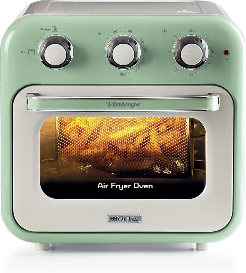 Ariete Vintage, 4632 2-in-1 Heißluftfritteuse und Ofen, 16 L Fassungsvermögen, Körbe und Drehspieß aus Edelstahl, Temperatur bis 230°C, 60-Minuten-Timer, Doppelverglasung, 1400W, Grün