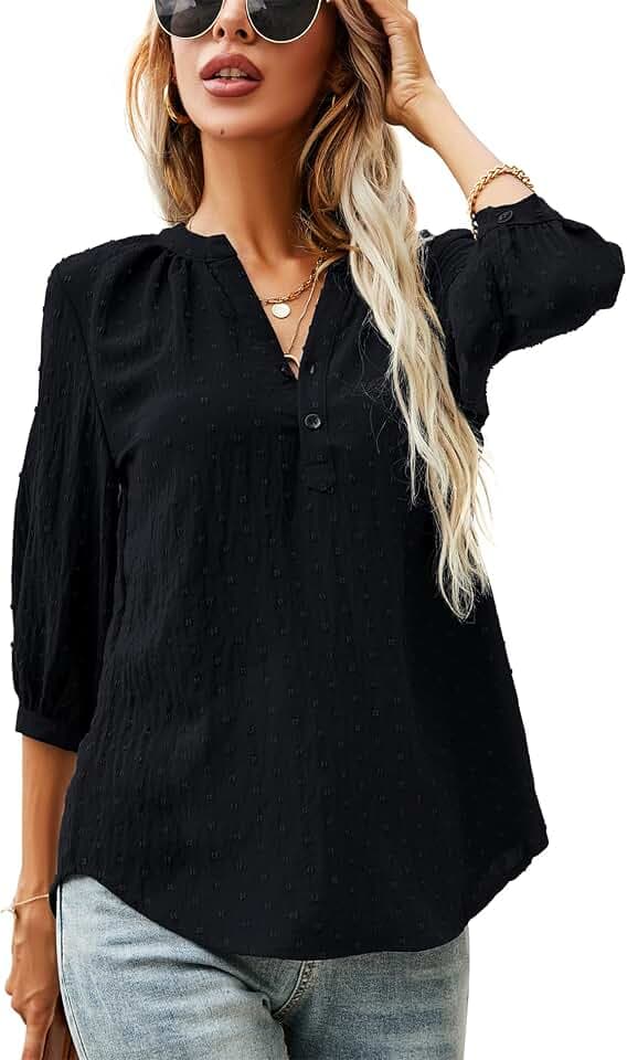 LOMON Women's Casual 3/4 Sleeve Henley V-Neck Button Up Pleated Back Blouses Swiss Dot Blouse Tops T-Shirts S-XXL