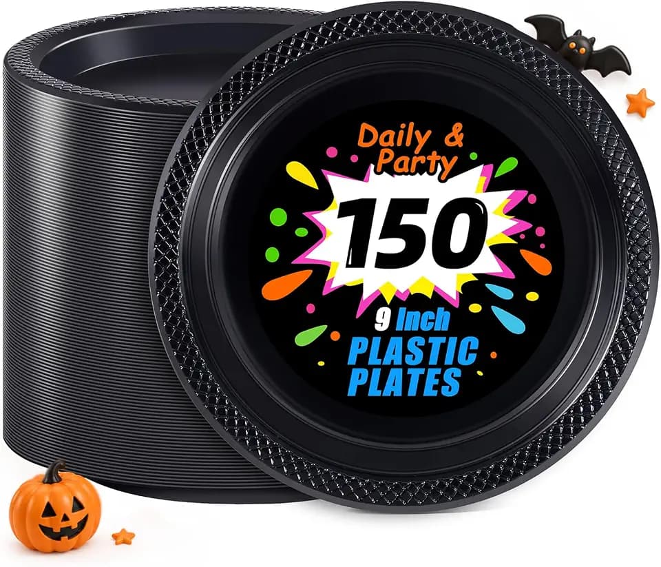 WELLIFE Black Plastic Plates 9 Inch -150 Count for Party, Plastic Disposable Dinner Plates for Halloween Picnic BBQ