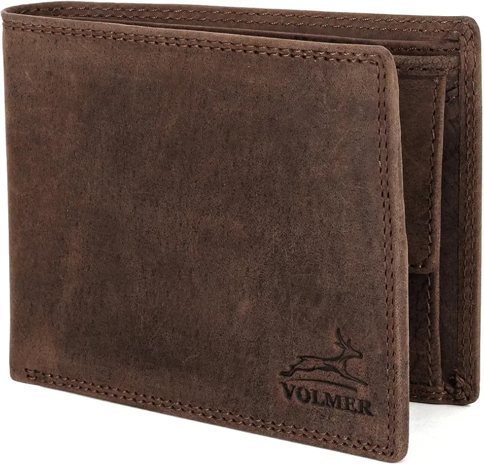 Fa.Volmer ® Leder Geldbörse Herren mit RFID-Schutz - extra-stabile Doppelnaht - 6 Fächer für Kreditkarten - Querformat (Hunter Brown)