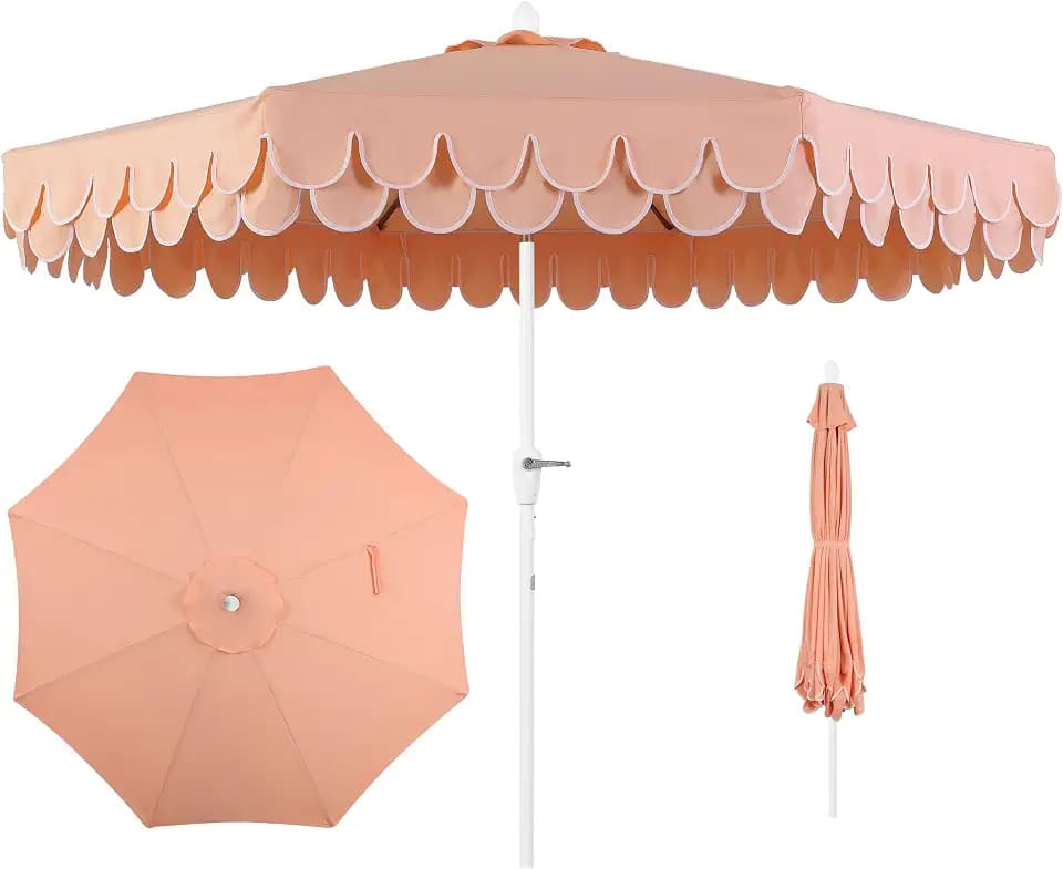 JONATHAN Y Tracy 9' Scalloped Market Patio Umbrella, Coral Pink/White