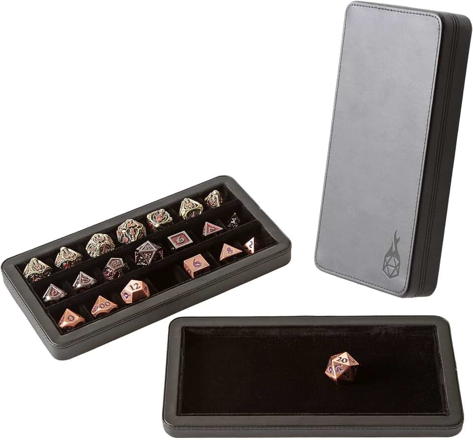 Forged Dice Co. Reliquary Large Divided Dice Case with Dice Tray for Polyhedral Dice Sets - 21 Felt-Lined Chambers - Magnetic Lid Closure - Metal Dice Storage Box - Black