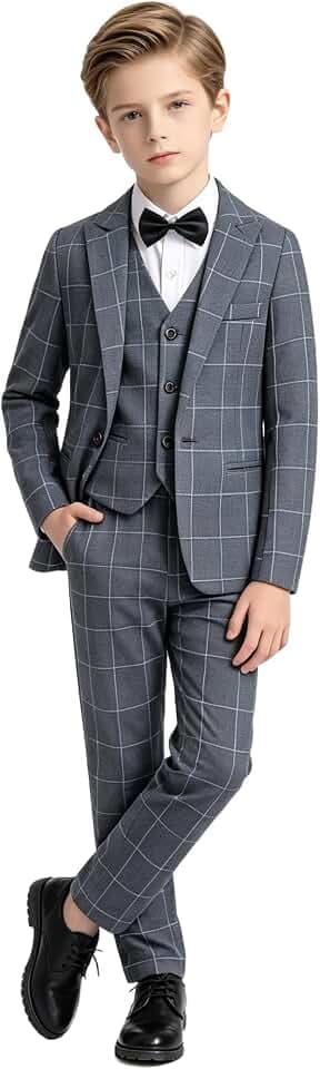 LOLANTA 5-teiliges Jungen Anzug Set, Karierter Festlicher Anzug für Hochzeit Geburtstag mit Blazer, Weste, Hose, Hemd und Fliege, 3-12 Jahre