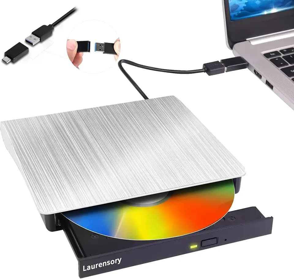 External CD/DVD Drive for Laptop, CD Burner, DVD Player, USB 3.0 C, Sliver