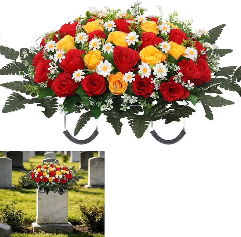 Wocst Headstone Flower Saddle,Large Artificial Cemetery Flowers for Grave Artificial Roses Daisy Saddle for Cemetery Headstone (Yellow)