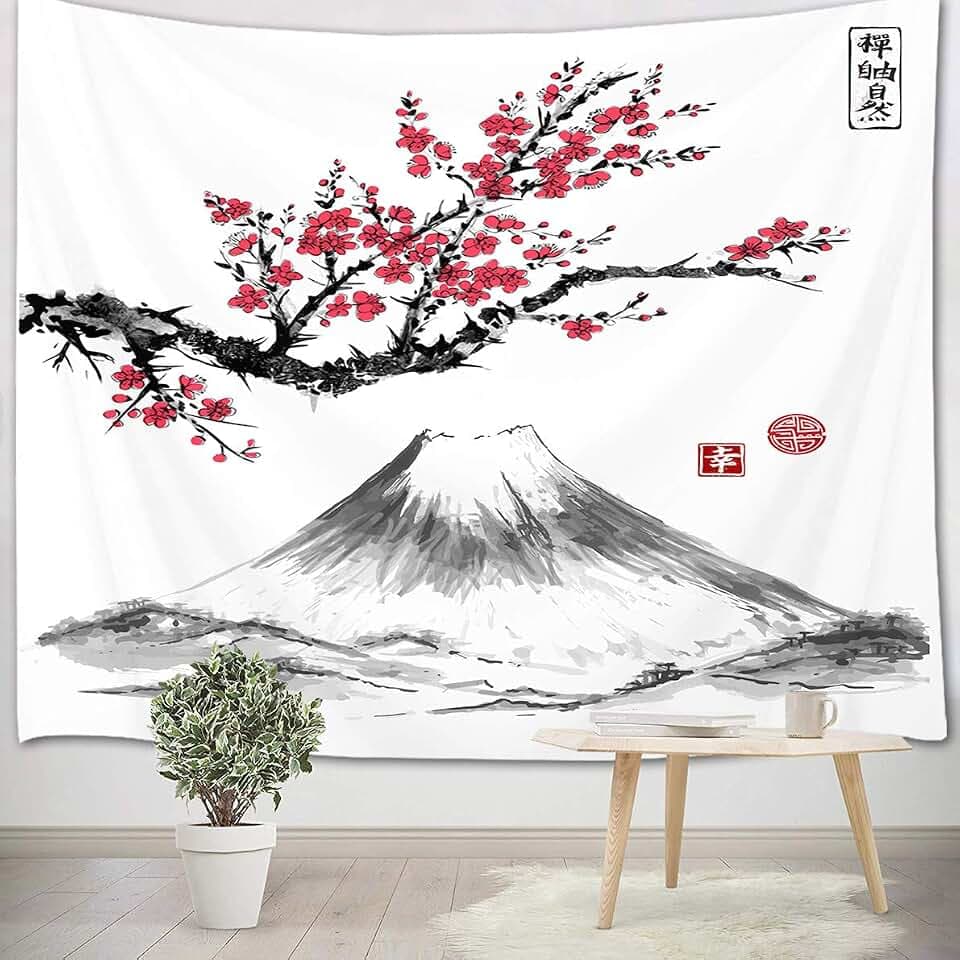 LB 150x100cm Wandteppich Rote Kirschblüte Wandtuch Grauer Berg Wandbehang japanisch Tapisserie für Wohnzimmer Schlafzimmer Wohnheim Wanddeko