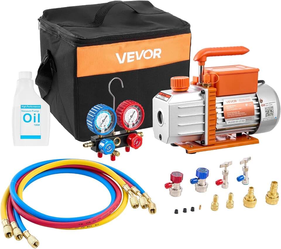 VEVOR AC Vacuum Pump and Gauge Set, 4.5 CFM 1/3 HP, Single Stage Rotary Vane HVAC Vacuum Pump, A/C Manifold Gauge Kit, for R134a R22 R410a R1234YF R32, with Carry Bag, for Auto HVAC Air Conditioning
