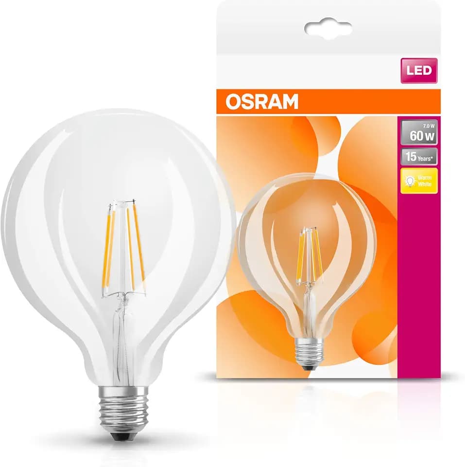 OSRAM LED Retrofit CLASSIC GLOBE/LED-Lampe, klassische Ballform, Retro-Design, im Filament-Stil, mit Schraubsockel: E27, 6 W, 220…240 V, 60-W-Ersatz, klar, warmweiß, 2700 K, 4er-Pack